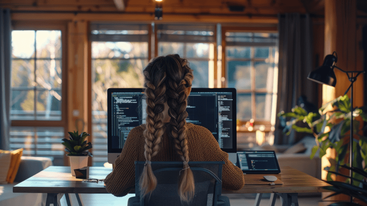 back of woman coding at desk