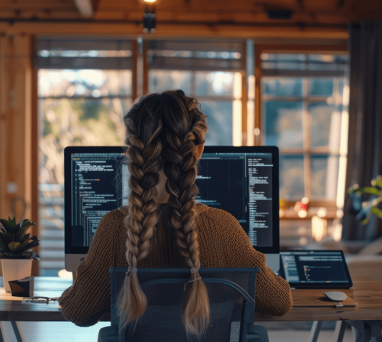 back of woman coding at desk