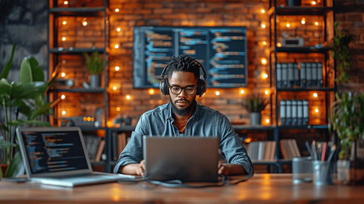 man coding in shop